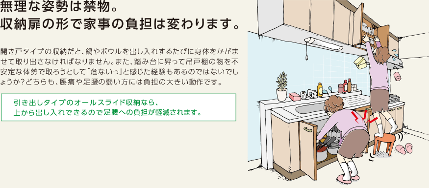 無理な姿勢は禁物。収納扉の形で家事の負担は変わります。